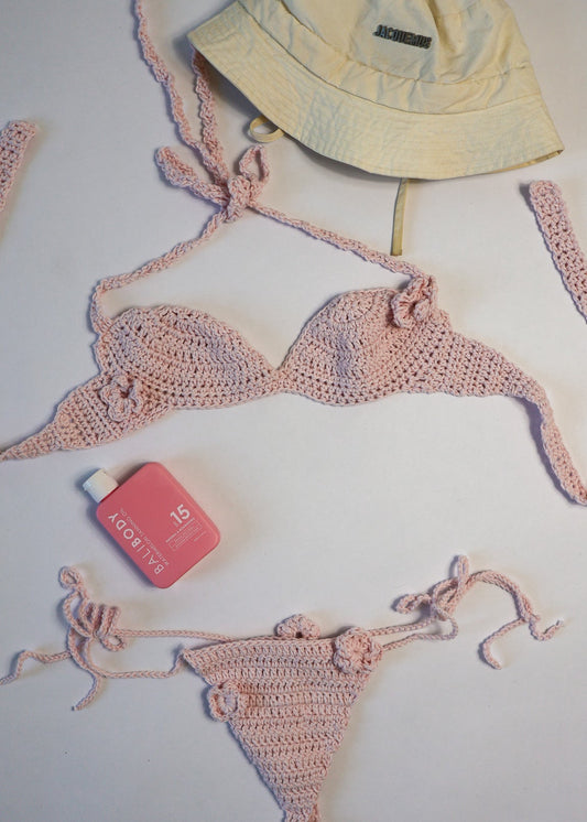crochet bikini set, micro crochet swimwear, handmade pink bikini, triangle crochet top, dainty beachwear, artisan summer set